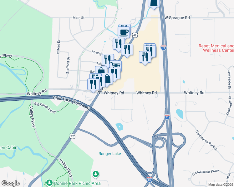 map of restaurants, bars, coffee shops, grocery stores, and more near 17599 Whitney Road in Strongsville