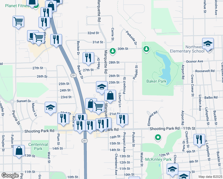 map of restaurants, bars, coffee shops, grocery stores, and more near 2411 Marquette Road in Peru