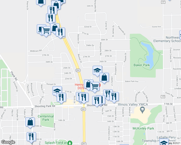 map of restaurants, bars, coffee shops, grocery stores, and more near 1010 25th Street in Peru