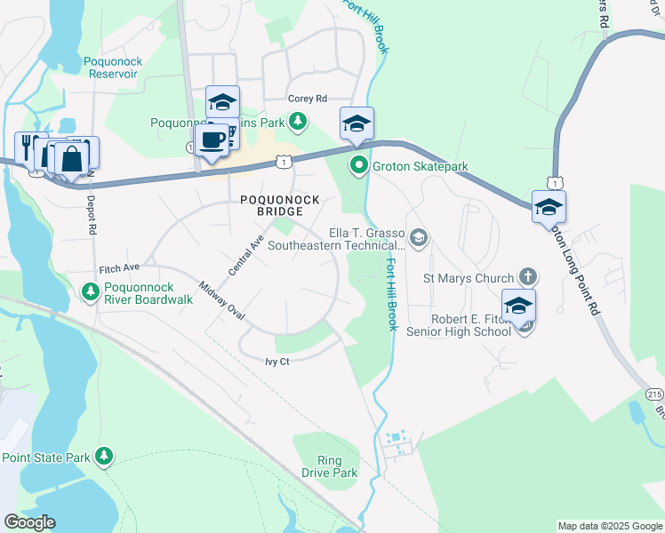 map of restaurants, bars, coffee shops, grocery stores, and more near 20 Midway Oval in Groton