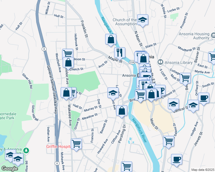 map of restaurants, bars, coffee shops, grocery stores, and more near 144 Howard Avenue in Ansonia