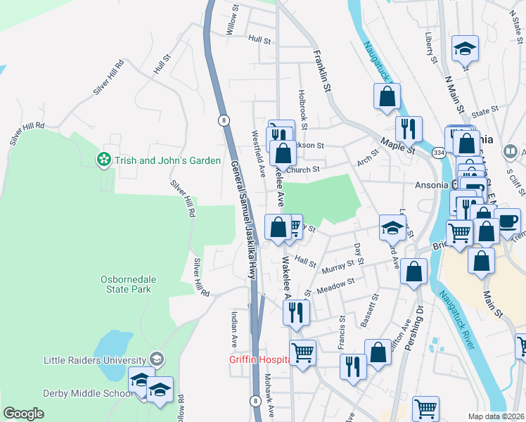 map of restaurants, bars, coffee shops, grocery stores, and more near 103 Westfield Avenue in Ansonia