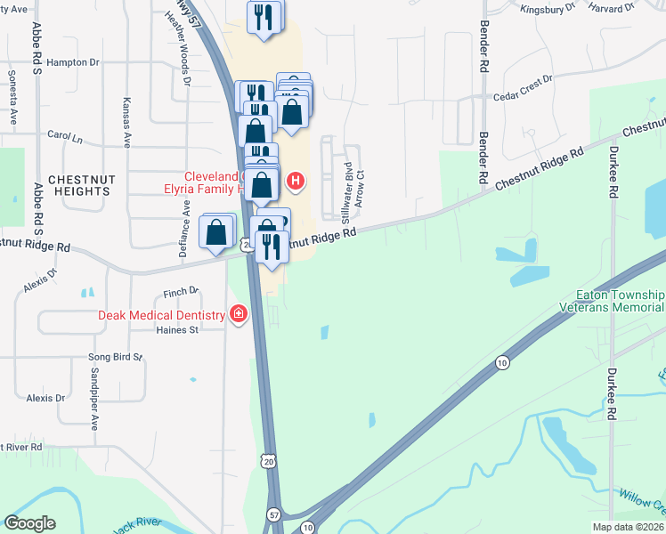 map of restaurants, bars, coffee shops, grocery stores, and more near 38241 Chestnut Ridge Road in Elyria