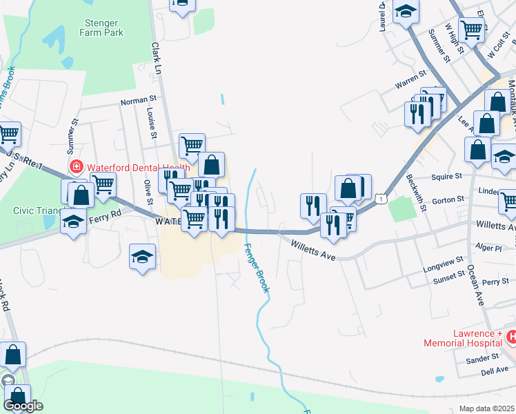 map of restaurants, bars, coffee shops, grocery stores, and more near 18 Terrace Drive in Waterford