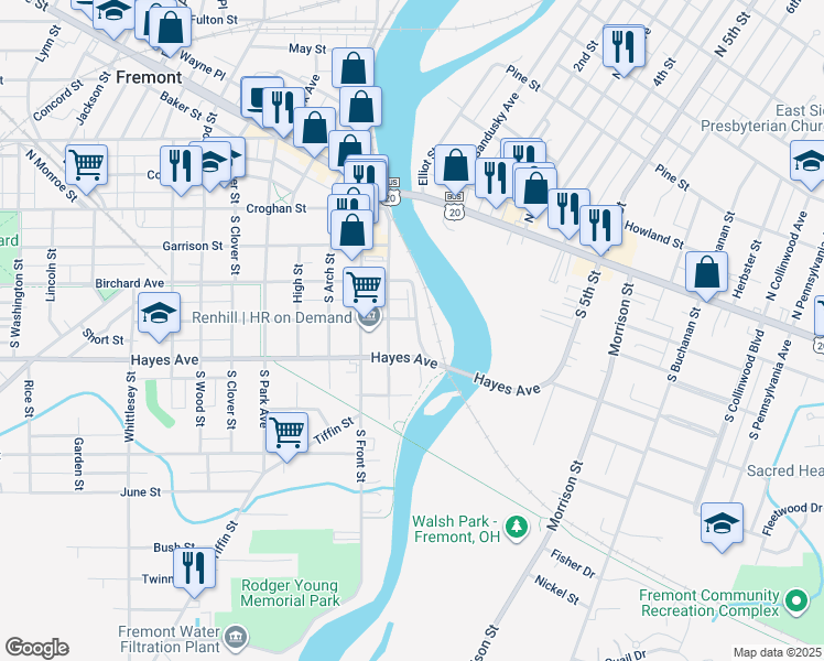 map of restaurants, bars, coffee shops, grocery stores, and more near 104 Ewing Street in Fremont