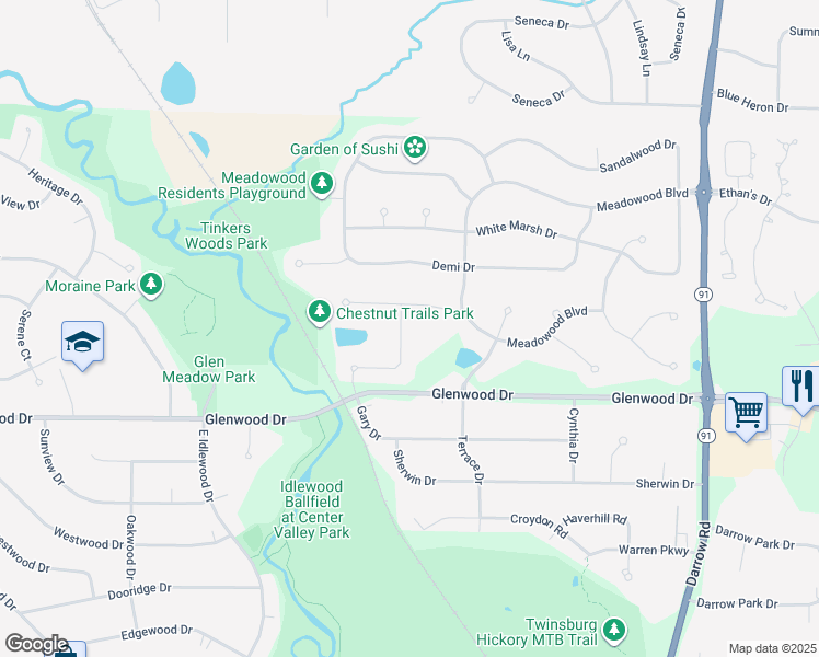 map of restaurants, bars, coffee shops, grocery stores, and more near 1724 Chestnut Trail Drive in Twinsburg