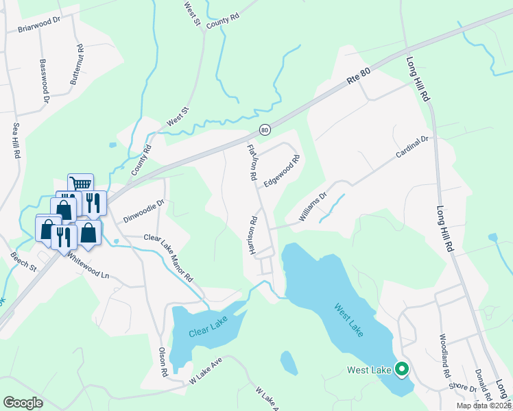 map of restaurants, bars, coffee shops, grocery stores, and more near 115 Flat Iron Road in Guilford