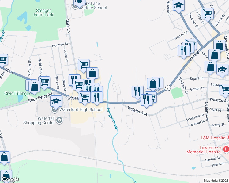 map of restaurants, bars, coffee shops, grocery stores, and more near 14 Terrace Drive in Waterford