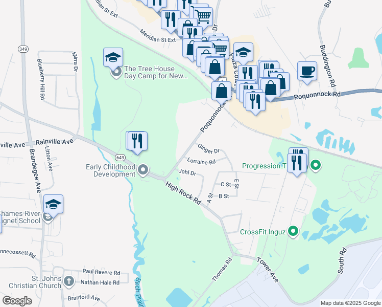 map of restaurants, bars, coffee shops, grocery stores, and more near 715 Poquonnock Rd in Groton