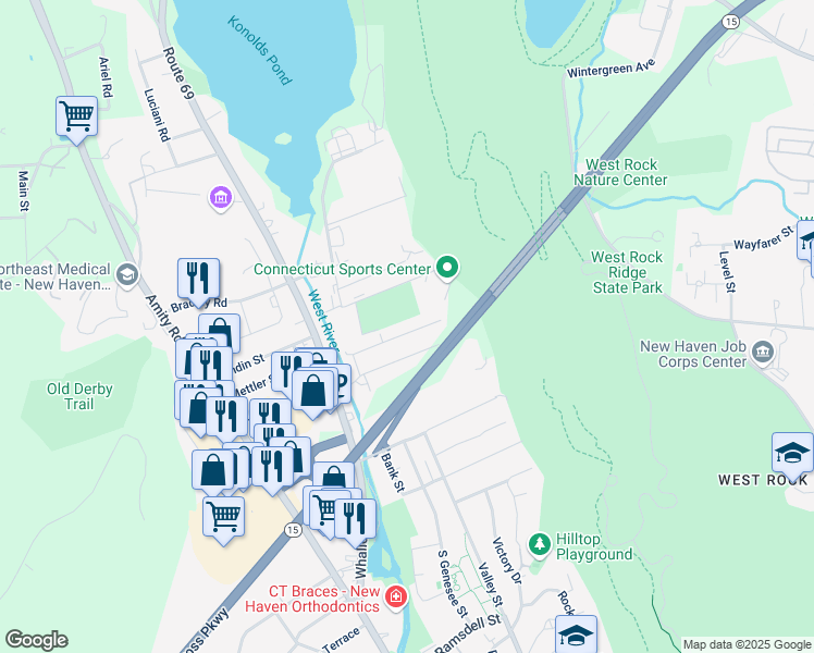 map of restaurants, bars, coffee shops, grocery stores, and more near 27 Manila Avenue in Woodbridge