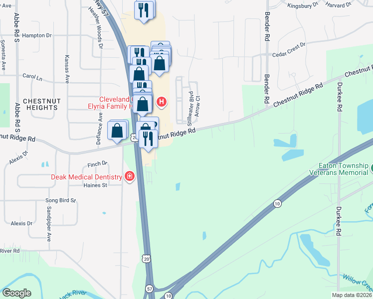map of restaurants, bars, coffee shops, grocery stores, and more near 38241 Chestnut Ridge Road in Elyria