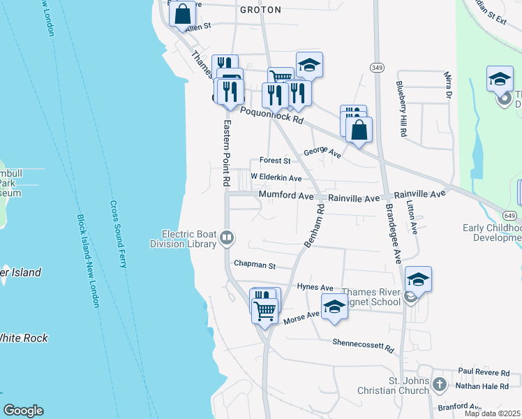 map of restaurants, bars, coffee shops, grocery stores, and more near Deane Street in Groton