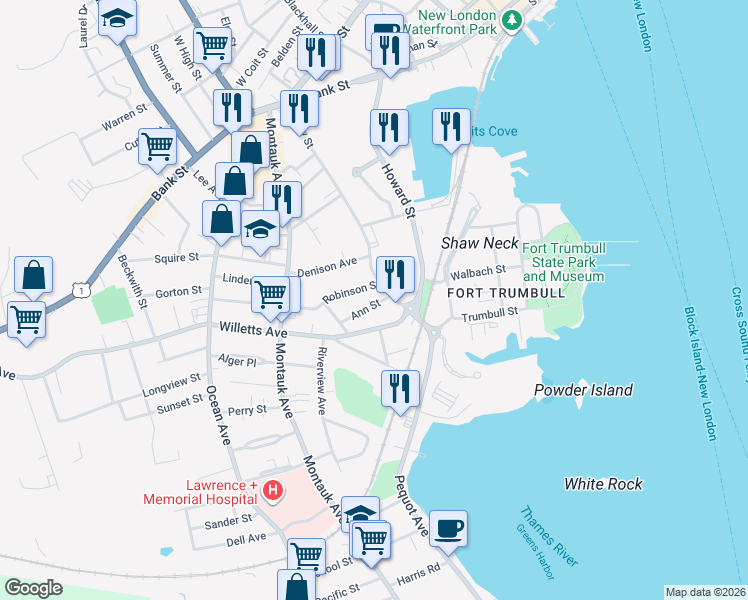 map of restaurants, bars, coffee shops, grocery stores, and more near 22 Robinson Street in New London