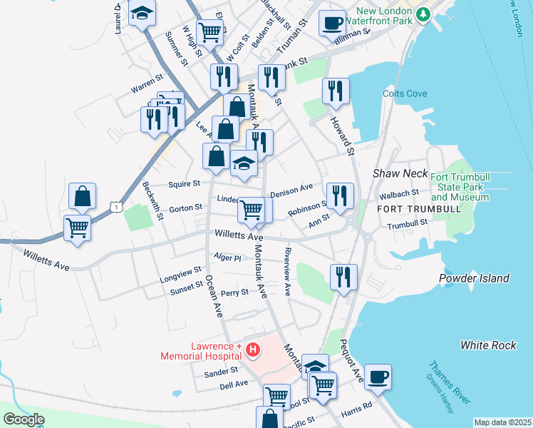 map of restaurants, bars, coffee shops, grocery stores, and more near 178 Montauk Avenue in New London