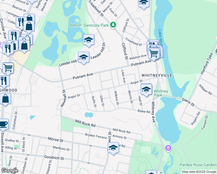 map of restaurants, bars, coffee shops, grocery stores, and more near 159 Augur Street in Hamden