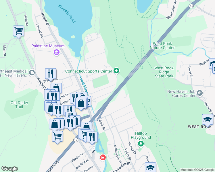 map of restaurants, bars, coffee shops, grocery stores, and more near 25 Manila Avenue in Woodbridge