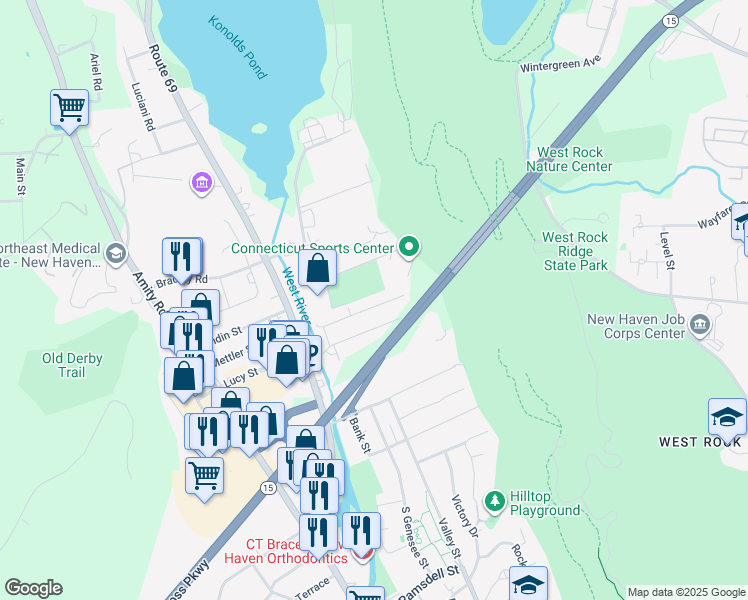 map of restaurants, bars, coffee shops, grocery stores, and more near 25 Manila Avenue in Woodbridge