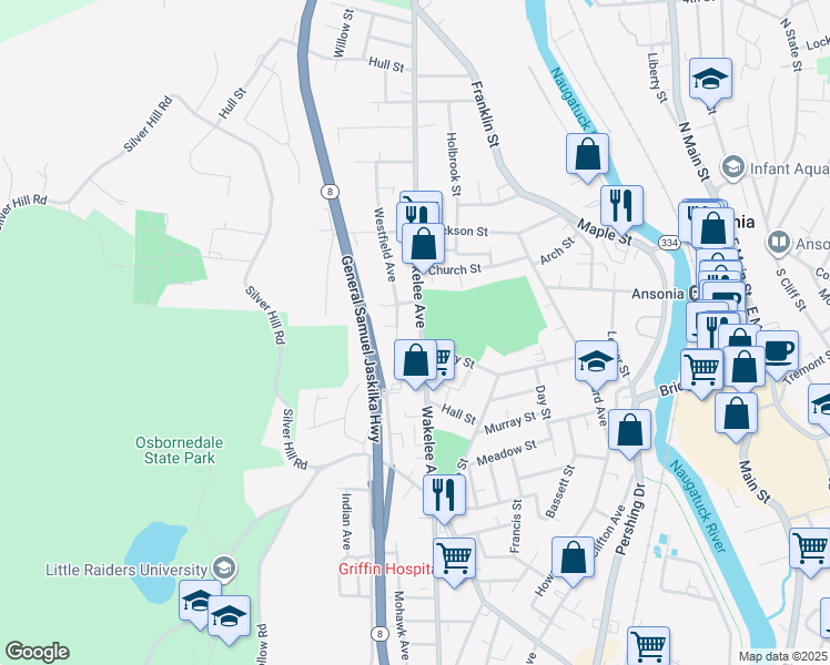 map of restaurants, bars, coffee shops, grocery stores, and more near 171 Wakelee Avenue in Ansonia