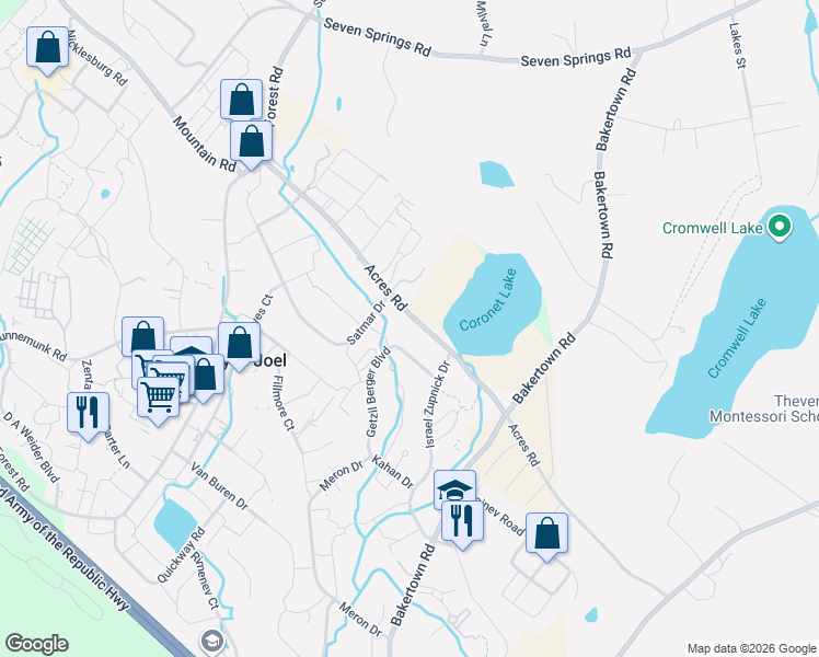 map of restaurants, bars, coffee shops, grocery stores, and more near 143 Acres Road in Monroe