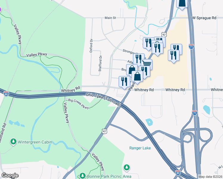 map of restaurants, bars, coffee shops, grocery stores, and more near 18433 Whitney Road in Strongsville