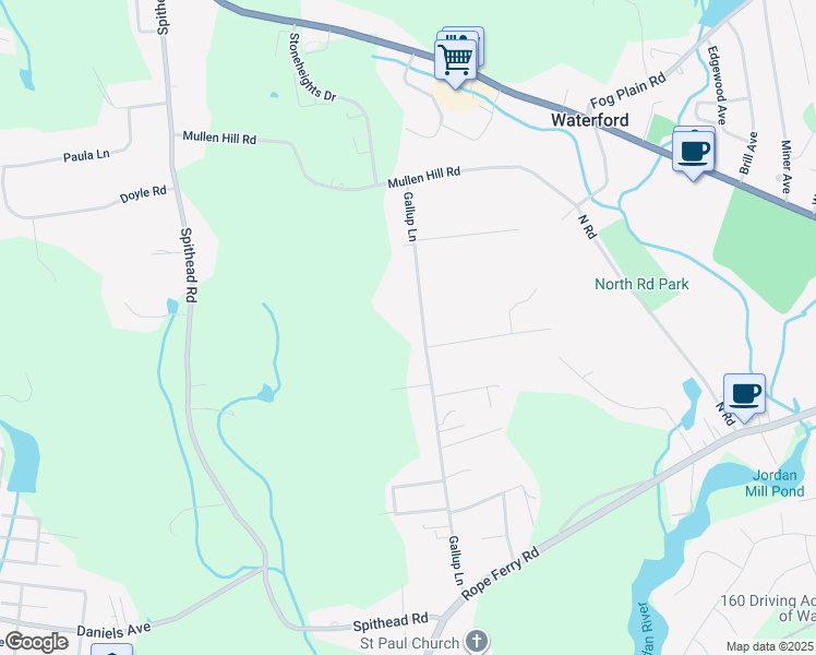 map of restaurants, bars, coffee shops, grocery stores, and more near 58 Gallup Lane in Waterford