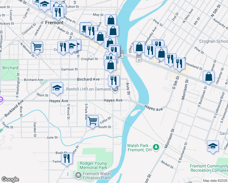 map of restaurants, bars, coffee shops, grocery stores, and more near 403 South Front Street in Fremont
