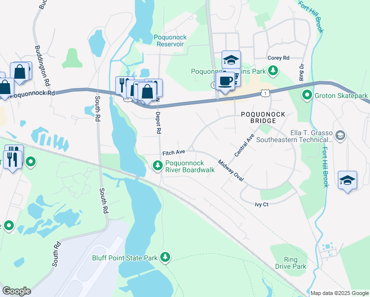 map of restaurants, bars, coffee shops, grocery stores, and more near 22 Fitch Ave in Groton