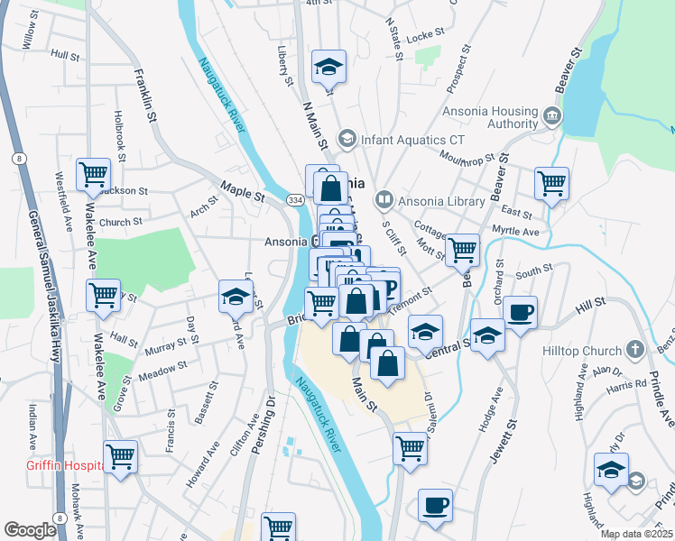 map of restaurants, bars, coffee shops, grocery stores, and more near in Ansonia