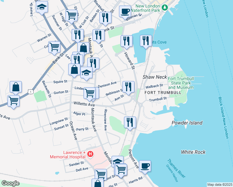 map of restaurants, bars, coffee shops, grocery stores, and more near 22 Robinson Street in New London