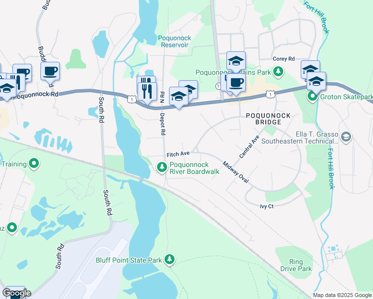 map of restaurants, bars, coffee shops, grocery stores, and more near 22 Fitch Avenue in Groton