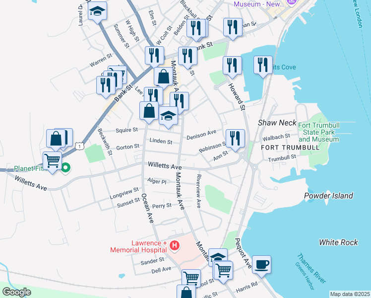 map of restaurants, bars, coffee shops, grocery stores, and more near 178 Montauk Avenue in New London