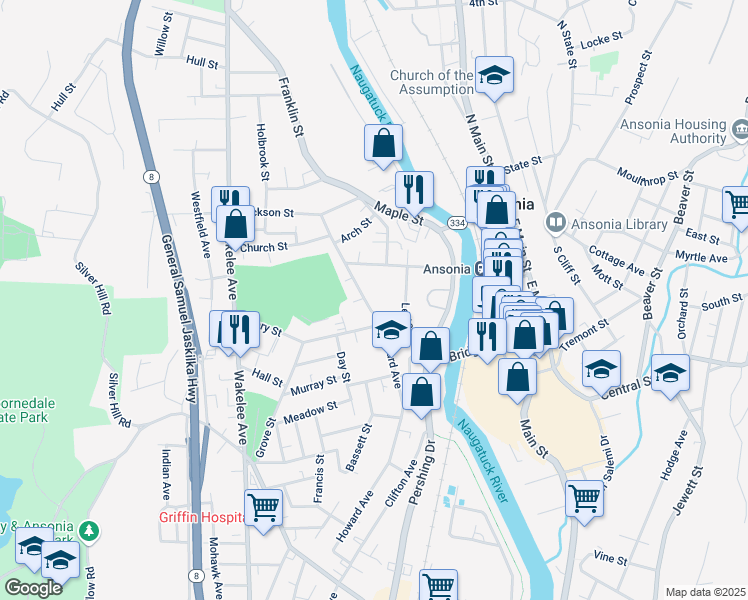map of restaurants, bars, coffee shops, grocery stores, and more near 144 Howard Avenue in Ansonia