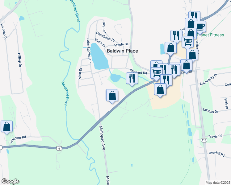map of restaurants, bars, coffee shops, grocery stores, and more near 57 U.S. 6 in Baldwin Place