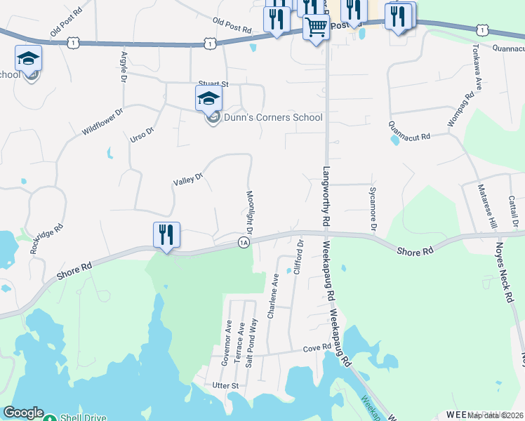 map of restaurants, bars, coffee shops, grocery stores, and more near 19 Moonlight Drive in Westerly