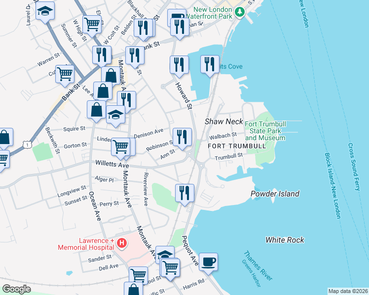map of restaurants, bars, coffee shops, grocery stores, and more near 214 Shaw Street in New London