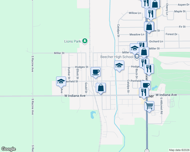 map of restaurants, bars, coffee shops, grocery stores, and more near 619 Reed Street in Beecher