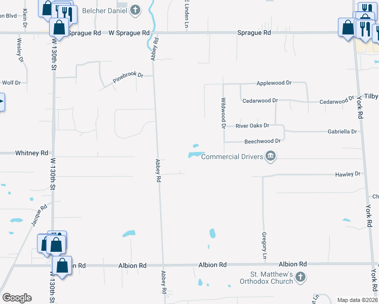 map of restaurants, bars, coffee shops, grocery stores, and more near 8963 Abbey Road in North Royalton