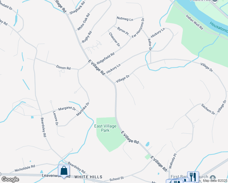 map of restaurants, bars, coffee shops, grocery stores, and more near 130 East Village Road in Shelton