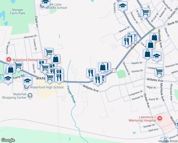 map of restaurants, bars, coffee shops, grocery stores, and more near 20 Pine Street in Waterford