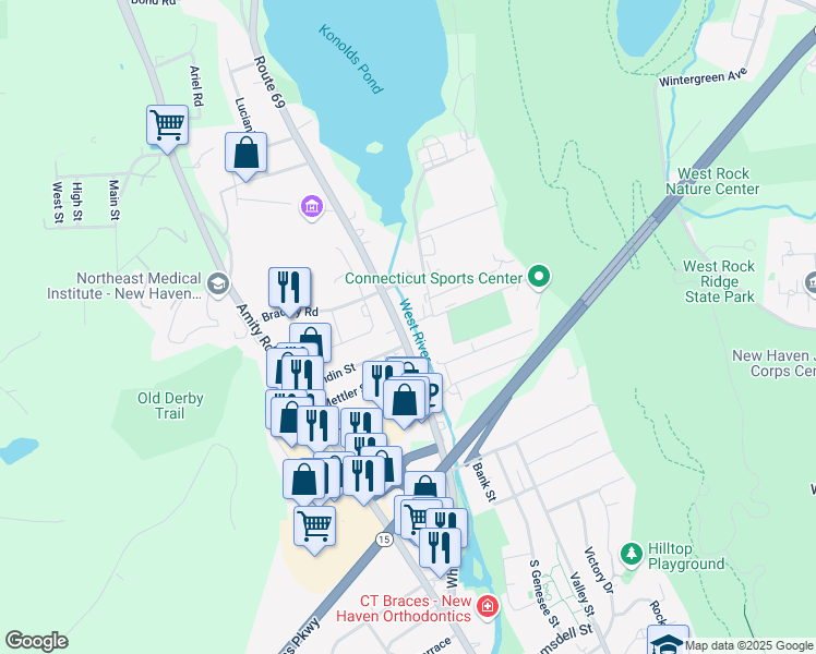 map of restaurants, bars, coffee shops, grocery stores, and more near 1695 Litchfield Turnpike in Woodbridge