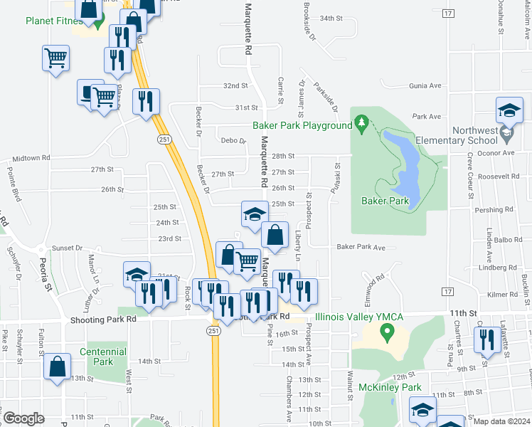 map of restaurants, bars, coffee shops, grocery stores, and more near 2411 Marquette Road in Peru