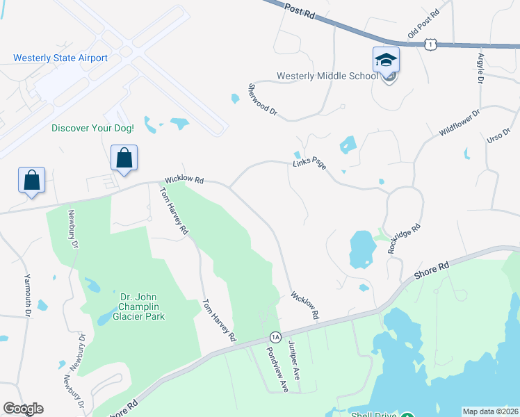 map of restaurants, bars, coffee shops, grocery stores, and more near 20 Wicklow Rd in Westerly