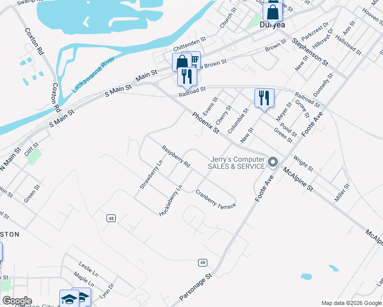 map of restaurants, bars, coffee shops, grocery stores, and more near 133 Blackberry Ln in Duryea