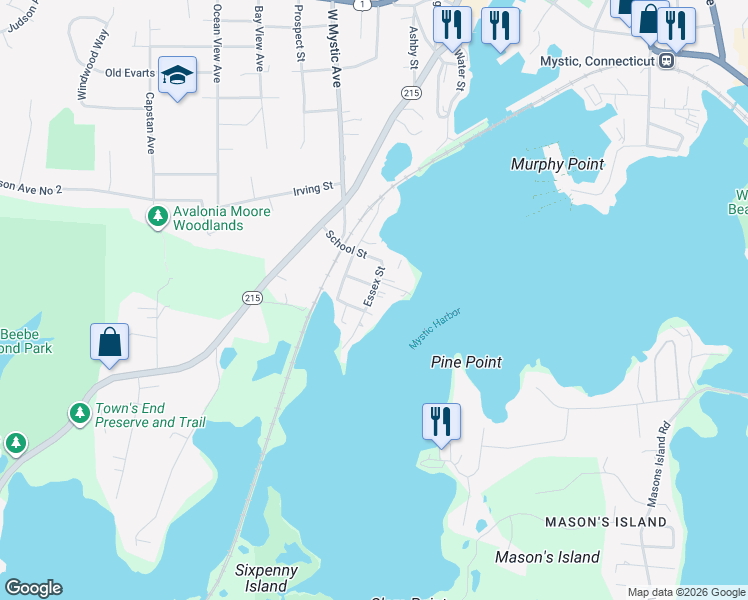map of restaurants, bars, coffee shops, grocery stores, and more near 70 Essex Street in Groton