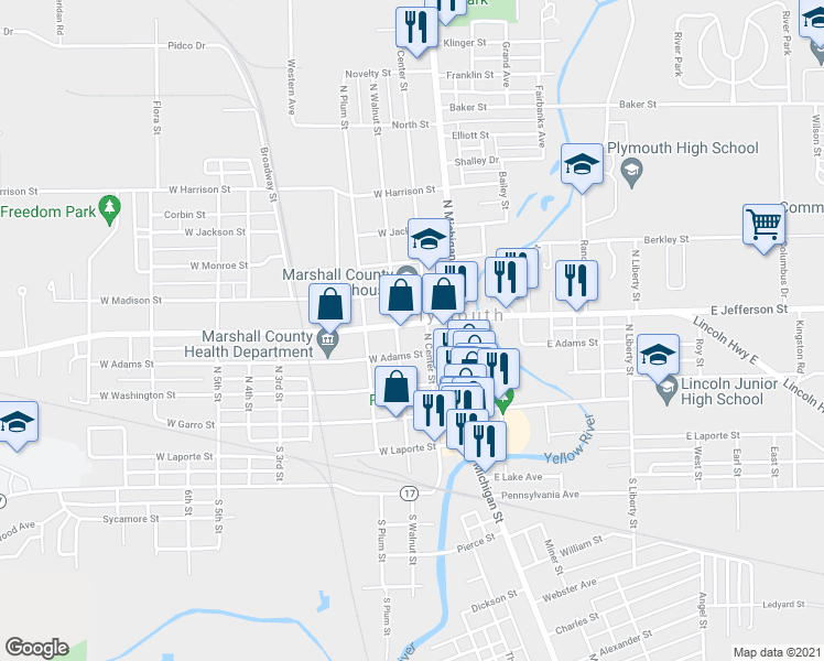 map of restaurants, bars, coffee shops, grocery stores, and more near 211 West Jefferson Street in Plymouth