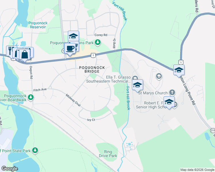 map of restaurants, bars, coffee shops, grocery stores, and more near 16 Midway Oval in Groton