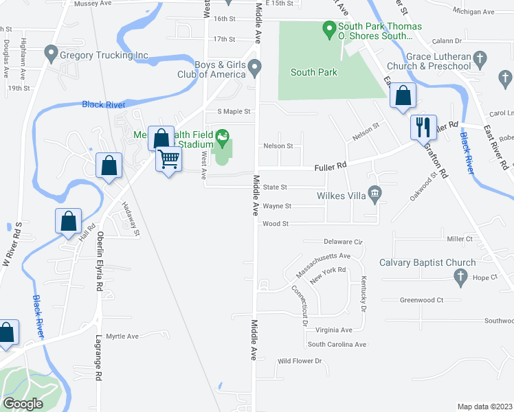 map of restaurants, bars, coffee shops, grocery stores, and more near 798 Wayne Street in Elyria