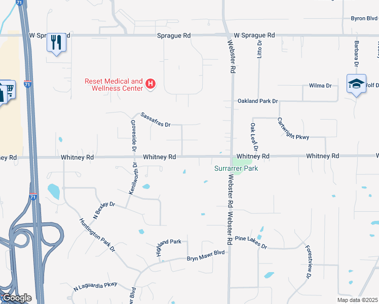map of restaurants, bars, coffee shops, grocery stores, and more near 15189 Whitney Road in Strongsville