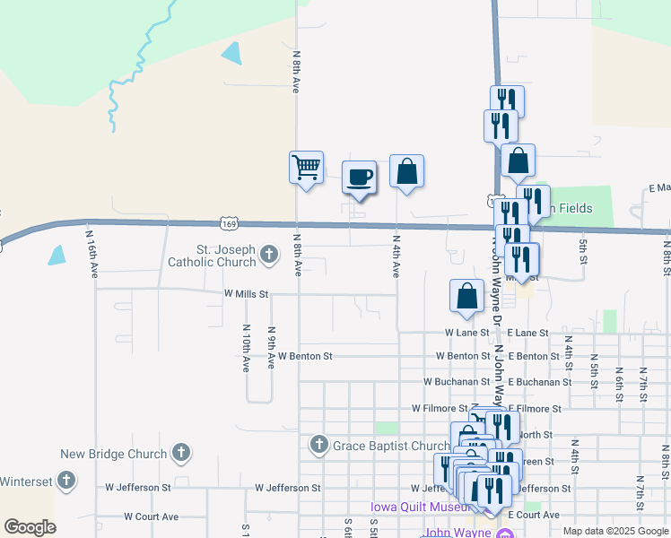map of restaurants, bars, coffee shops, grocery stores, and more near 1111 North 8th Avenue in Winterset