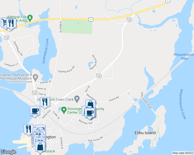 map of restaurants, bars, coffee shops, grocery stores, and more near 200 Elm Street in Stonington